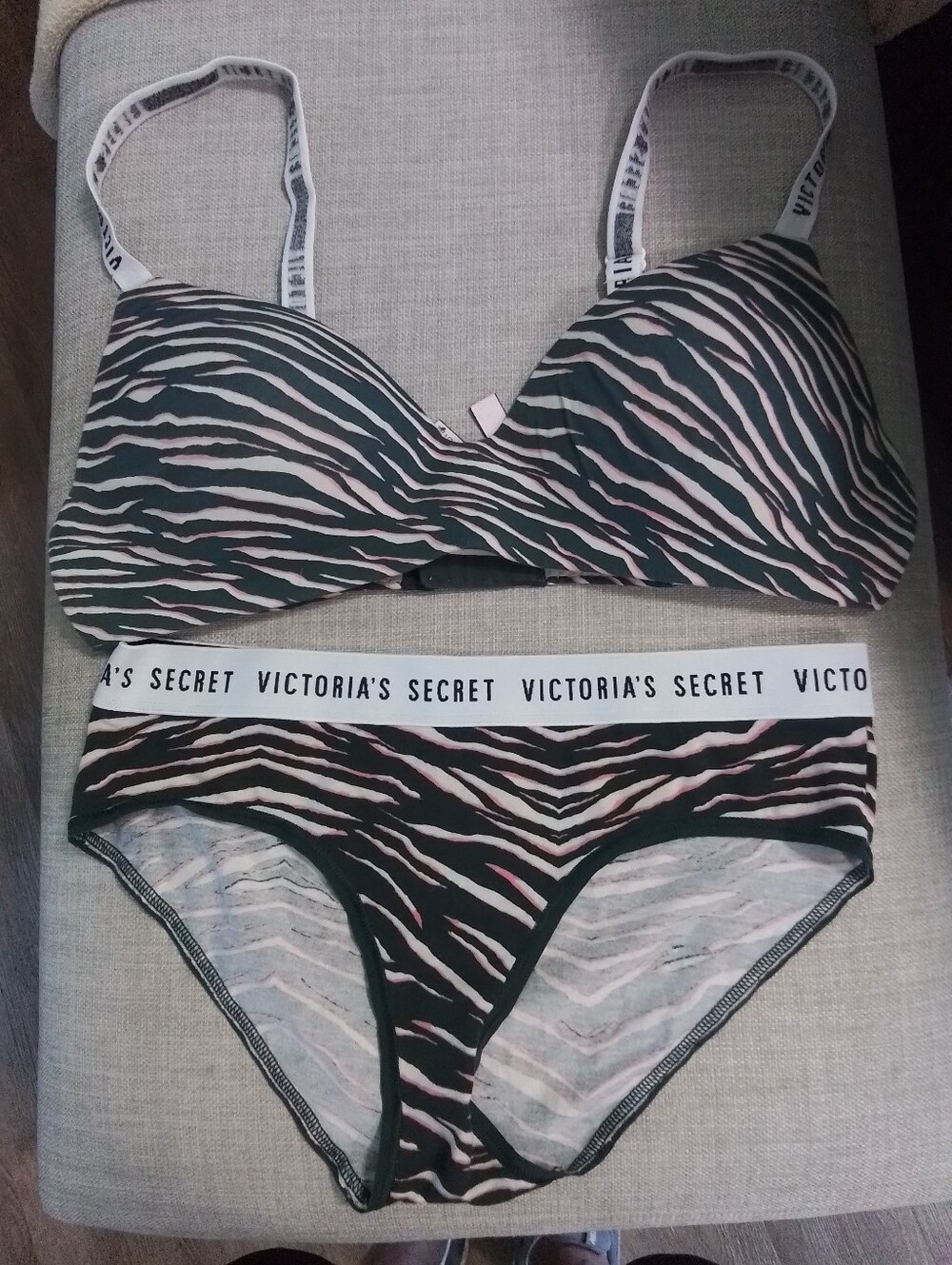 Victoria's Secret Zebra-Stripe Bra & Brief Set - Black and Pink